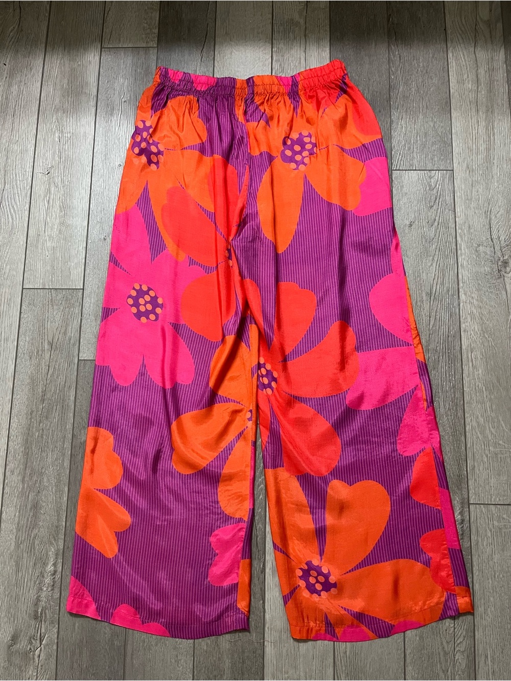 Wide Leg Floral Print Pants - Pink & Orange Size Small